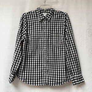 J Crew Blouse Women Large Black White Check Pocket Long Sleeve Button Up Preppy